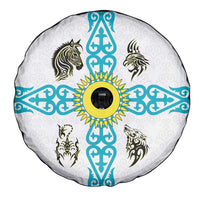 Kazakhstan National Symbols Spare Tire Cover with Tribal Animal Crest and Blue Ethnic Motif on White