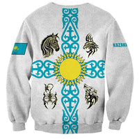 Kazakhstan National Symbols Sweatshirt with Tribal Animal Crest and Blue Ethnic Motif on White