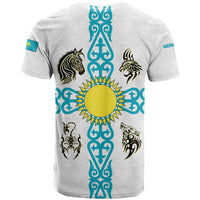 Kazakhstan National Symbols T Shirt with Tribal Animal Crest and Blue Ethnic Motif on White