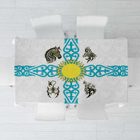 Kazakhstan National Symbols Tablecloth with Tribal Animal Crest and Blue Ethnic Motif on White