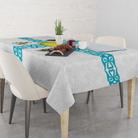 Kazakhstan National Symbols Tablecloth with Tribal Animal Crest and Blue Ethnic Motif on White