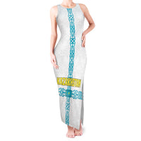 Kazakhstan National Symbols Tank Maxi Dress with Tribal Animal Crest and Blue Ethnic Motif on White