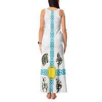 Kazakhstan National Symbols Tank Maxi Dress with Tribal Animal Crest and Blue Ethnic Motif on White