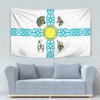 Kazakhstan National Symbols Tapestry with Tribal Animal Crest and Blue Ethnic Motif on White