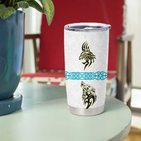 Kazakhstan National Symbols Tumbler Cup with Tribal Animal Crest and Blue Ethnic Motif on White
