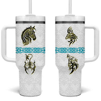Kazakhstan National Symbols Tumbler With Handle with Tribal Animal Crest and Blue Ethnic Motif on White