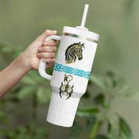 Kazakhstan National Symbols Tumbler With Handle with Tribal Animal Crest and Blue Ethnic Motif on White