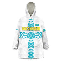 Kazakhstan National Symbols Wearable Blanket Hoodie with Tribal Animal Crest and Blue Ethnic Motif on White
