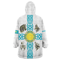 Kazakhstan National Symbols Wearable Blanket Hoodie with Tribal Animal Crest and Blue Ethnic Motif on White
