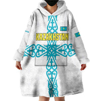 Kazakhstan National Symbols Wearable Blanket Hoodie with Tribal Animal Crest and Blue Ethnic Motif on White