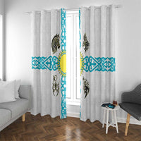 Kazakhstan National Symbols Window Curtain with Tribal Animal Crest and Blue Ethnic Motif on White
