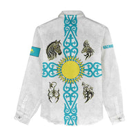 Kazakhstan National Symbols Women Casual Shirt with Tribal Animal Crest and Blue Ethnic Motif on White