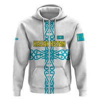 Kazakhstan National Symbols Zip Hoodie with Tribal Animal Crest and Blue Ethnic Motif on White