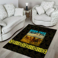 Kazakhstan Born Free Riding Far Area Rug with Wild Horses and Gold Tribal Pattern on Black