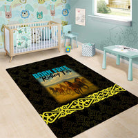Kazakhstan Born Free Riding Far Area Rug with Wild Horses and Gold Tribal Pattern on Black