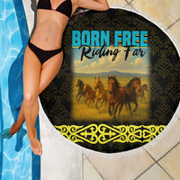 Kazakhstan Born Free Riding Far Beach Blanket with Wild Horses and Gold Tribal Pattern on Black