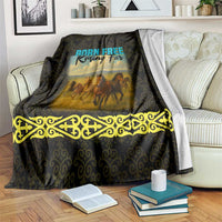 Kazakhstan Born Free Riding Far Blanket with Wild Horses and Gold Tribal Pattern on Black