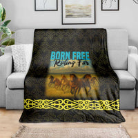 Kazakhstan Born Free Riding Far Blanket with Wild Horses and Gold Tribal Pattern on Black