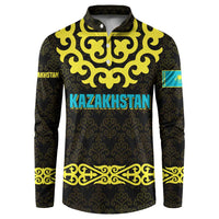 Kazakhstan Born Free Riding Far Button Sweatshirt with Wild Horses and Gold Tribal Pattern on Black