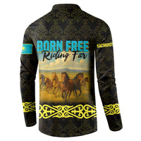 Kazakhstan Born Free Riding Far Button Sweatshirt with Wild Horses and Gold Tribal Pattern on Black