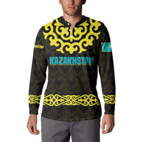 Kazakhstan Born Free Riding Far Button Sweatshirt with Wild Horses and Gold Tribal Pattern on Black