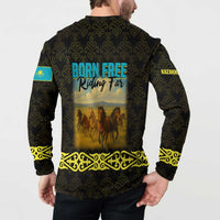 Kazakhstan Born Free Riding Far Button Sweatshirt with Wild Horses and Gold Tribal Pattern on Black