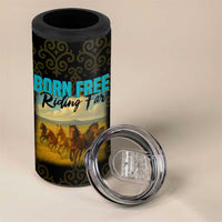Kazakhstan Born Free Riding Far 4 in 1 Can Cooler Tumbler with Wild Horses and Gold Tribal Pattern on Black