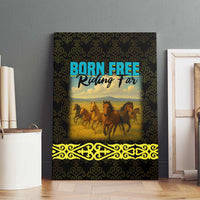 Kazakhstan Born Free Riding Far Canvas Wall Art with Wild Horses and Gold Tribal Pattern on Black