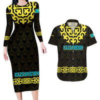 Kazakhstan Born Free Riding Far Couples Matching Long Sleeve Bodycon Dress and Hawaiian Shirt with Wild Horses and Gold Tribal Pattern on Black