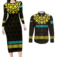 Kazakhstan Born Free Riding Far Couples Matching Long Sleeve Bodycon Dress and Long Sleeve Button Shirt with Wild Horses and Gold Tribal Pattern on Black