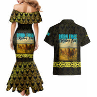 Kazakhstan Born Free Riding Far Couples Matching Mermaid Dress and Hawaiian Shirt with Wild Horses and Gold Tribal Pattern on Black