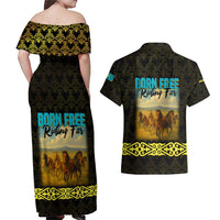 Kazakhstan Born Free Riding Far Couples Matching Off Shoulder Maxi Dress and Hawaiian Shirt with Wild Horses and Gold Tribal Pattern on Black