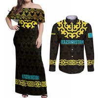 Kazakhstan Born Free Riding Far Couples Matching Off Shoulder Maxi Dress and Long Sleeve Button Shirt with Wild Horses and Gold Tribal Pattern on Black
