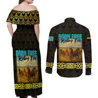 Kazakhstan Born Free Riding Far Couples Matching Off Shoulder Maxi Dress and Long Sleeve Button Shirt with Wild Horses and Gold Tribal Pattern on Black