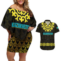 Kazakhstan Born Free Riding Far Couples Matching Off Shoulder Short Dress and Hawaiian Shirt with Wild Horses and Gold Tribal Pattern on Black