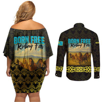 Kazakhstan Born Free Riding Far Couples Matching Off Shoulder Short Dress and Long Sleeve Button Shirt with Wild Horses and Gold Tribal Pattern on Black
