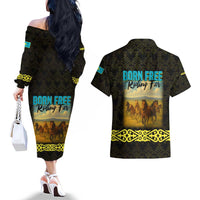 Kazakhstan Born Free Riding Far Couples Matching Off The Shoulder Long Sleeve Dress and Hawaiian Shirt with Wild Horses and Gold Tribal Pattern on Black