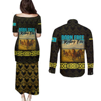 Kazakhstan Born Free Riding Far Couples Matching Puletasi and Long Sleeve Button Shirt with Wild Horses and Gold Tribal Pattern on Black