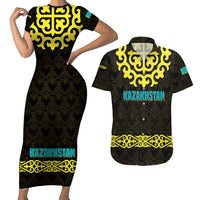 Kazakhstan Born Free Riding Far Couples Matching Short Sleeve Bodycon Dress and Hawaiian Shirt with Wild Horses and Gold Tribal Pattern on Black