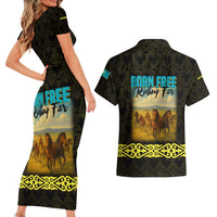 Kazakhstan Born Free Riding Far Couples Matching Short Sleeve Bodycon Dress and Hawaiian Shirt with Wild Horses and Gold Tribal Pattern on Black