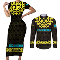 Kazakhstan Born Free Riding Far Couples Matching Short Sleeve Bodycon Dress and Long Sleeve Button Shirt with Wild Horses and Gold Tribal Pattern on Black