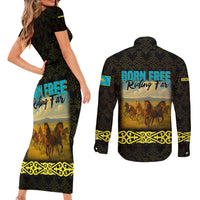 Kazakhstan Born Free Riding Far Couples Matching Short Sleeve Bodycon Dress and Long Sleeve Button Shirt with Wild Horses and Gold Tribal Pattern on Black