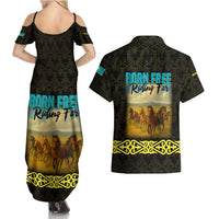Kazakhstan Born Free Riding Far Couples Matching Summer Maxi Dress and Hawaiian Shirt with Wild Horses and Gold Tribal Pattern on Black