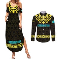 Kazakhstan Born Free Riding Far Couples Matching Summer Maxi Dress and Long Sleeve Button Shirt with Wild Horses and Gold Tribal Pattern on Black