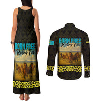 Kazakhstan Born Free Riding Far Couples Matching Tank Maxi Dress and Long Sleeve Button Shirt with Wild Horses and Gold Tribal Pattern on Black