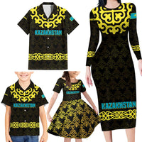 Kazakhstan Born Free Riding Far Family Matching Long Sleeve Bodycon Dress and Hawaiian Shirt with Wild Horses and Gold Tribal Pattern on Black