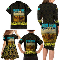 Kazakhstan Born Free Riding Far Family Matching Long Sleeve Bodycon Dress and Hawaiian Shirt with Wild Horses and Gold Tribal Pattern on Black
