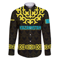Kazakhstan Born Free Riding Far Family Matching Long Sleeve Bodycon Dress and Hawaiian Shirt with Wild Horses and Gold Tribal Pattern on Black