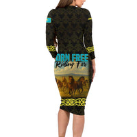 Kazakhstan Born Free Riding Far Family Matching Long Sleeve Bodycon Dress and Hawaiian Shirt with Wild Horses and Gold Tribal Pattern on Black