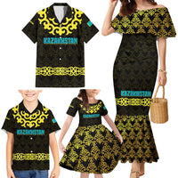 Kazakhstan Born Free Riding Far Family Matching Mermaid Dress and Hawaiian Shirt with Wild Horses and Gold Tribal Pattern on Black